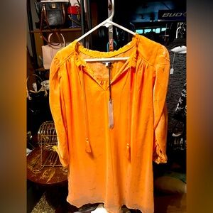 Orange Women's Dress. Short with gold foil dots and tassel rope accent tie.